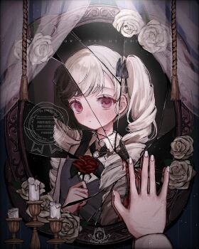 1girl absurdres black_hair black_neckerchief black_ribbon blood blush broken_mirror brooch candelabra candle candlestand collared_shirt commentary_request curtains curusucururi different_reflection dress_shirt drill_hair fingernails flower grey_vest hair_ribbon hand_on_mirror hands_up highres holding holding_flower indoors jewelry long_hair long_sleeves looking_at_mirror looking_at_viewer mirror nail_polish neckerchief original parted_lips pink_eyes pov pov_hands red_flower red_rose reflection reflection_focus ribbon rose scar scar_on_hand shirt swept_bangs twin_drills twintails vest watermark white_flower white_hair white_nails white_rose white_shirt