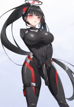 Rule 34 | 1girl, black bodysuit, black hair, black halo, blue archive, blunt bangs, blush, bodysuit, breasts, bright pupils, commentary request, covered navel, gun, hair ornament, halo, handgun, highres, holding, holding gun, holding weapon, holster, impossible bodysuit, impossible clothes, large breasts, latex, latex bodysuit, ling huanxiang, long hair, looking at viewer, m1911, multicolored halo, official alternate costume, official alternate hairstyle, open mouth, ponytail, red eyes, ringed eyes, rio (blue archive), rio (bodysuit) (blue archive), sidelocks, simple background, skin tight, skindentation, solo, standing, thigh holster, two-tone halo, variant set, very long hair, weapon, white background, white pupils