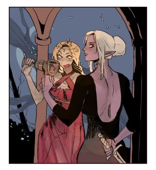 Rule 34 | 2girls, alternate costume, arm behind back, backless dress, backless outfit, baldur's gate, baldur's gate 3, black dress, blank eyes, blonde hair, border, chalice, colored skin, cowboy shot, crescent moon, criss-cross halter, cup, dagger, dress, dungeons & dragons, elf, grey skin, hair bun, halter dress, halterneck, highres, holding, holding cup, holding dagger, holding knife, holding weapon, j jsh, knife, long hair, looking at viewer, looking back, minthara, moon, multiple girls, open mouth, orin the red, pillar, pointy ears, red dress, red eyes, short hair, shoulder blades, single hair bun, weapon, white border