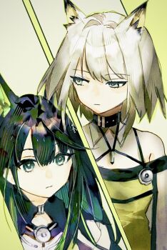 Rule 34 | :|, ahoge, animal ear fluff, animal ears, arknights, bare shoulders, belt collar, black collar, black hair, blunt bangs, cat ears, closed mouth, collar, collared dress, commentary, detached collar, dress, expressionless, fake animal ears, green dress, green eyes, hair between eyes, highres, huge ahoge, jitome, kal'tsit (arknights), long hair, long sidelocks, looking to the side, mon3tr (arknights), off-shoulder dress, off shoulder, one-hour drawing challenge, short hair, sidelocks, simple background, single sidelock, split theme, ujoe 7hr, upper body, white hair