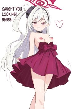 1girl absurdres blue_archive breasts dress english_text feet_out_of_frame flygombal grin halo highres long_hair looking_at_viewer mutsuki_(blue_archive) mutsuki_(dress)_(blue_archive) nipples pointy_breasts pointy_ears purple_eyes red_dress red_halo simple_background sleeveless sleeveless_dress small_breasts smile solo white_background white_hair