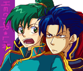 1boy 1girl armor blue_armor blue_hair character_name commentary_request couple earrings fire_emblem fire_emblem:_the_blazing_blade gold_trim green_eyes green_hair hector_(fire_emblem) hetero high_collar high_ponytail jewelry looking_at_another lowres lyn_(fire_emblem) nintendo open_mouth partial_commentary ponytail portrait redace