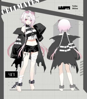 :p bandaged_neck bandages bare_shoulders barefoot black_coat black_collar black_shirt black_shorts character_name closed_mouth coat collar commentary_request crop_top cuffs eyewear_on_head full_body furrowed_brow ghost_hair_ornament gradient_hair group_name hair_ornament hand_up handcuffs highres leather_shorts leg_tattoo long_hair looking_at_viewer lowro_(en) midriff multicolored_hair multiple_views navel nijisanji number_tattoo official_alternate_costume official_art pink-tinted_eyewear pink_eyes pink_hair prison_clothes quad_braids reference_sheet second-party_source shackles shiina_yuika shirt short_shorts shorts sleeveless sleeveless_shirt sleeves_past_fingers sleeves_past_wrists smile solo spiked_collar spikes standing striped_clothes striped_shirt swept_bangs tattoo tinted_eyewear tongue tongue_out torn_clothes torn_coat two-tone_shirt very_long_hair virtual_youtuber white-framed_eyewear white_shirt