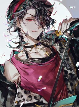 Rule 34 | 1boy, animal print, bishounen, black choker, black hair, black hat, black jacket, choker, collarbone, confetti, cross, cross necklace, earrings, ensemble stars!, hat, highres, holding, holding microphone, idol, jacket, jewelry, kkuekkue (chifer1958), leopard print, licking lips, looking at viewer, male focus, medium hair, microphone, microphone stand, music, necklace, off shoulder, open clothes, open jacket, pink tank top, pointy ears, red eyes, sakuma rei (ensemble stars!), shirt, single bare shoulder, sleeveless, smile, solo, tank top, tongue, tongue out, upper body, white background
