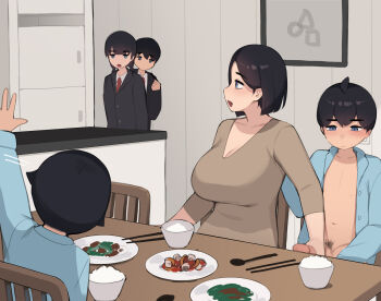 2girls 3boys age_difference akiyama_fumika_(pepper0) akiyama_minato_(pepper0) akiyama_toru_(pepper0) akiyama_yuko_(pepper0) akiyama_yuto_(pepper0) black_hair blue_pajamas bowl breasts brother_and_sister brothers censored chopsticks counter food handjob highres incest large_breasts mosaic_censoring mother_and_son multiple_boys multiple_girls necktie onee-shota original pajamas penis pepper0 red_necktie school_uniform short_hair shota siblings table