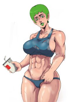 1girl abs biceps breasts cup curvy dorkbum foo_fighters_(jojo) green_eyes green_hair green_lips highres holding holding_cup jojo_no_kimyou_na_bouken large_breasts lipstick looking_at_viewer makeup muscular muscular_female short_hair simple_background solo sports_bra steam steaming_body stone_ocean sweat sweatdrop thick_thighs thighs thong toned
