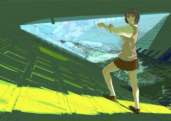 Rule 34 | 1girl, brown hair, brown shoes, highres, kneehighs, original, pleated skirt, red skirt, river, rolling sleeves up, shirt, shoes, short hair, skirt, socks, solo, standing, tanaka hirotaka, vest, white shirt, white socks, wide shot