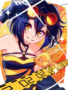 +_+ 1girl absurdres asymmetrical_gloves black_gloves black_shirt black_skirt blonde_hair blue_hair border commentary commission english_commentary gloves goggles goggles_on_head grin highres honeycomb_(pattern) looking_at_viewer mismatched_gloves multicolored_hair orange_background original sharp_teeth shirt short_hair skirt sleeveless sleeveless_shirt smile solo striped_clothes striped_shirt teeth upper_body v white_border yagirevart yellow_eyes yellow_gloves yellow_shirt zoom_layer