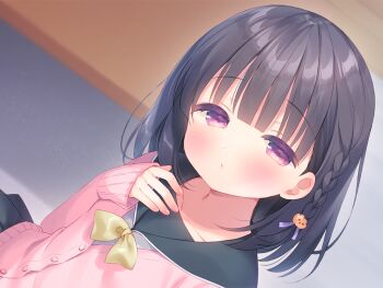 1girl black_hair blush braid cardigan closed_mouth flat_chest game_cg hair_ornament kazari_(mainichi_kiss_shite_lolita) large_variant_set looking_at_viewer mainichi_kiss_shite_lolita medium_hair non-web_source pink_cardigan pink_eyes side_braid skirt solo usashiro_mani variant_set