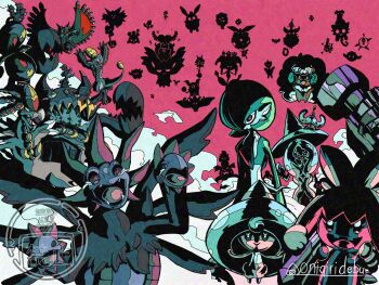 adversarial_noise aromatisse artist_name bob_cut carbink clefable clefairy comfey cottonee deino_(pokemon) dragon fangs floette florges flutter_mane galarian_form galarian_weezing gardevoir gen_1_pokemon gen_2_pokemon gen_3_pokemon gen_4_pokemon gen_5_pokemon gen_6_pokemon gen_7_pokemon gen_8_pokemon green_hair guzzlord hakamo-o hammer hat hatenna hatterene hattrem highres hydreigon jangmo-o kirlia klefki kommo-o mime_jr. mimikyu mr._mime nintendo onigiri_debu open_mouth pincers pink_background pokemon pokemon_(creature) red_eyes roaring_moon smile snubbull spritzee swirlix tears tinkaton togekiss togetic ultra_beast watermark whimsicott wigglytuff wings witch_hat zweilous