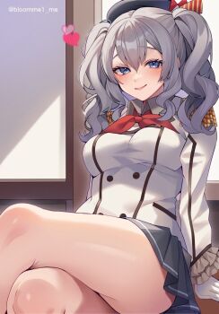 1girl beret black_hat blue_eyes breasts crossed_arms epaulettes frilled_sleeves frills grey_hair grey_skirt hat heart highres jacket kantai_collection kashima_(kancolle) kozu_(bloomme1_me) large_breasts long_hair military_jacket military_uniform neckerchief pleated_skirt red_neckerchief sitting skirt solo twintails twitter_username wavy_hair white_jacket