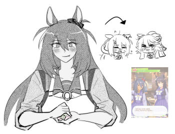 2girls animal_ears apron arm_behind_head arrow_(symbol) bandaid bandaid_on_face bandaid_on_nose blush_stickers bow bowtie brooch chibi closed_mouth commentary_request cooking cropped_torso dark-skinned_female dark_skin ear_ornament ear_scrunchie ears_down fang fang_out flying_sweatdrops food game_screenshot_inset greyscale hair_between_eyes hair_ornament hairclip happy high_ponytail highres hishi_amazon_(umamusume) horse_ears horseshoe_ornament hwipa_(param_blue) jewelry korean_commentary long_hair long_sidelocks long_sleeves looking_at_viewer messy_hair mochi monochrome multiple_girls narita_brian_(umamusume) ponytail rope sailor_collar sakura_mochi school_uniform scrunchie sequential shimenawa sidelocks simple_background single_blush_sticker sleeves_rolled_up smile spot_color straight-on striped_clothes striped_scrunchie tracen_school_uniform two_side_up umamusume very_long_hair wagashi white_background