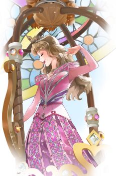 Rule 34 | 1girl, animification, ano (sbee), aurora (disney), blonde hair, dress, gem, happy, highres, jewelry, long hair, long sleeves, makeup, pink dress, princess, red lips, simple background, sleeping beauty (disney), smile, solo, tiara