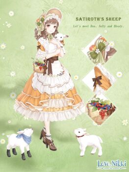 1girl animal ankle_bow ankle_ribbon apron artist_request baby_animal bare_arms basket black_bow blunt_bangs bonnet bow bowtie brown_bonnet brown_bow brown_eyes brown_hair brown_shoes character_name close-up closed_mouth copyright_logo country_lolita daisy_(flower) day dot_nose dress drill_hair english_text eyelashes field floral_print flower footwear_bow frilled_anklet frilled_apron frilled_dress frilled_hairband frilled_headwear frilled_sleeves frills full_body green_bow green_bowtie green_hairband hairband happy hat hat_bow hat_flower high_heels holding holding_animal lamb light_blush logo lolita_fashion lolita_hairband long_dress long_hair looking_at_viewer miracle_nikki nikki_(series) official_art orange_dress orange_flower outdoors pink_flower print_apron ribbon satiroth&#039;s_sheep_(miracle_nikki) shade sheep shoes short_sleeves single_stripe sleeve_bow smile socks solo standing striped_bow striped_bowtie striped_clothes tareme third-party_source tulip two-tone_bow waist_bow white_apron white_bow white_flower white_socks yellow_flower