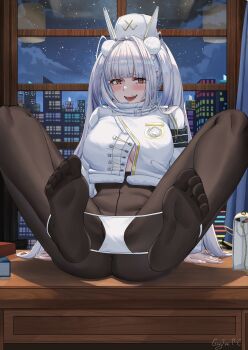 1girl absurdres black_pantyhose blanc_(fortune_express)_(nikke) blanc_(nikke) blush breasts brown_pantyhose cityscape cropped_jacket desk eyebrows_hidden_by_hair full_body goddess_of_victory:_nikke grayfoxpochi hat highres jacket large_breasts legs_up long_hair looking_at_viewer on_desk open_mouth orange_eyes panties panties_around_ankles panty_pull pantyhose sitting skyline smile soles solo spread_legs teeth toes twintails underwear upper_teeth_only white_hair white_hat white_jacket