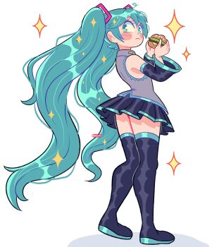 1girl aqua_eyes aqua_hair artist_name bare_shoulders black_boots black_skirt blush_stickers boots burger commentary detached_sleeves eyelashes food from_behind grey_shirt hatsune_miku highres holding holding_food long_hair manysart1 miniskirt pleated_skirt shirt skirt sleeveless sleeveless_shirt solo sparkle sparkling_aura standing symbol-only_commentary thigh_boots twintails vocaloid