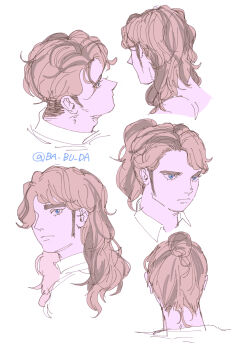 1boy alternate_hairstyle arven_(pokemon) babuda blonde_hair blue_eyes brown_hair collared_shirt commentary_request hair_bun hair_up highres long_hair long_sideburns male_focus multicolored_hair nintendo pokemon pokemon_sv ponytail portrait shirt short_hair sideburns signature sketch twitter_username two-tone_hair white_background