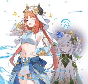 2girls absurdres aura blue_gemstone blue_skirt breasts circlet closed_eyes cowboy_shot crop_top dark_aura dress fake_horns gem genshin_impact gloom_(expression) green_hair hair_between_eyes hair_ornament hand_in_own_hair hand_on_own_hip hand_up harem_outfit highres horns hydro_symbol_(genshin_impact) hydrokinesis jewelry jhp987 large_breasts leaf_hair_ornament long_hair long_sleeves looking_at_another midriff multicolored_hair multiple_girls mushroom mushroom_on_head nahida_(genshin_impact) navel neck_ring nilou_(genshin_impact) o_o open_mouth pointy_ears puffy_sleeves red_hair rukkhashava_mushroom_(genshin_impact) shaded_face side_ponytail simple_background skirt sparkle starshroom_(genshin_impact) twintails two-tone_hair veil very_long_hair water wet wet_clothes wet_hair white_background white_dress white_hair white_veil