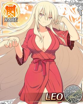 1girl adjusting_hair aquarius_(symbol) aries_(symbol) barefoot bathrobe blonde_hair border bow breasts cancer_(symbol) capricorn_(symbol) card_(medium) character_name cleavage closed_mouth collarbone dodecagram english_text frilled_sleeves frills gemini_(symbol) hair_between_eyes lace-trimmed_robe large_breasts leo_(senran_kagura) leo_(symbol) libra_(symbol) long_hair looking_at_viewer naked_robe official_art pisces_(symbol) purple_eyes red_bow red_robe robe sagittarius_(symbol) school_emblem scorpio_(symbol) senran_kagura senran_kagura_new_wave shiny_skin short_sleeves solo standing taurus_(symbol) upper_body very_long_hair virgo_(symbol) yaegashi_nan zodiac_wheel