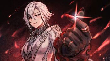 1girl arlecchino_(genshin_impact) black_eyes black_hair black_hands colored_extremities commentary fingernails frilled_cuffs genshin_impact glint grey_hair hair_between_eyes hashtag-only_commentary highres hikarilux jacket looking_at_viewer multicolored_hair nail_polish ponytail sharp_fingernails smile snapping_fingers solo symbol-only_commentary symbol-shaped_pupils upper_body white_jacket x-shaped_pupils