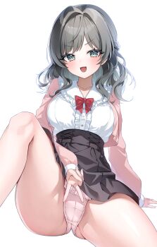 1girl absurdres arm_support black_skirt bow bowtie cameltoe center_frills commentary commission crotch_seam frilled_shirt frilled_shirt_collar frills grey_eyes grey_hair hair_intakes high-waist_skirt highres jacket knee_up long_hair long_sleeves miniskirt nyaruin open_clothes open_jacket open_mouth original panties parted_bangs pink_jacket pink_panties red_bow red_bowtie shirt shirt_tucked_in simple_background skirt smile solo spread_legs underwear v v-shaped_eyebrows v_over_crotch variant_set white_background white_shirt