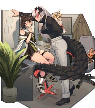 2girls absurdres arknights blush bouquet chair cubicle desk dragon_girl dragon_horns dragon_tail flower highres holding holding_bouquet horns kabedon kimmy_tsunami long_hair monitor multiple_girls office_chair on_desk owl_ears owl_girl saria_(arknights) short_hair silence_(arknights) sitting stuffed_animal stuffed_toy swivel_chair tail tail_around_another&#039;s_leg yuri