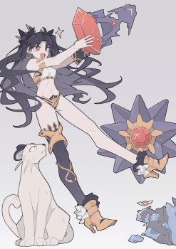 1girl armlet aww_(pixiv4034890) bare_shoulders bikini black_hair breasts carbink commentary_request detached_sleeves earrings fate/grand_order fate_(series) gem gen_1_pokemon gen_3_pokemon gen_6_pokemon highres hoop_earrings ishtar_(fate) jewelry mega_pokemon mega_sableye navel nintendo persian_(pokemon) pokemon pokemon_(creature) red_eyes sableye single_detached_sleeve single_thighhigh starmie swimsuit thighhighs