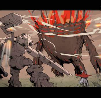 1other armored_core armored_core_vi:_fires_of_rubicon cape character_request cloud company_connection elden_ring elden_ring:_shadow_of_the_erdtree faceoff field fire fromsoftware furnace_golem grass grey_sky gun holding holding_gun holding_weapon letterboxed loader_4 mecha missile_pod monster outdoors red_cape refus riding riding_animal rifle robot sky smoke smoke_trail thrusters weapon