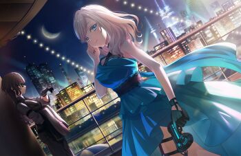 Rule 34 | 2girls, bare shoulders, black gloves, black hair, black jacket, black pants, black vest, blue dress, blue eyes, blue gloves, blue nails, breasts, ceras yanagida lilienfeld, closed mouth, collared shirt, cowboy shot, crescent moon, cruise ship, dress, dutch angle, fishnets, game cg, gloves, grappling hook, grey hair, grey shirt, gun, half gloves, handgun, highres, holding, holding gun, holding jacket, holding unworn clothes, holding weapon, jacket, jellyfish cut, katsuragi izumi, large breasts, link! like! love live!, long sleeves, looking at viewer, looking at watch, love live!, moon, multiple girls, night, non-web source, official art, pants, pinstripe jacket, pinstripe pants, pinstripe pattern, pinstripe vest, red nails, reijou mob! (love live!), shirt, single glove, smile, spy, standing, unworn jacket, vest, virtual youtuber, watch, weapon, wristwatch