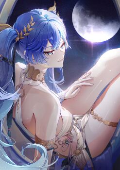 Rule 34 | 1girl, absurdres, armlet, bare shoulders, blue eyes, blue hair, breasts, bridal gauntlets, closed mouth, commentary, feet out of frame, fingernails, full moon, gradient hair, highres, iuno (wuthering waves), jelmul, jewelry, laurel crown, long hair, looking to the side, medium breasts, moon, multicolored hair, sitting, smile, solo, untranslatable commentary, thighlet, thighs, twintails, very long hair, white bridal gauntlets, wuthering waves