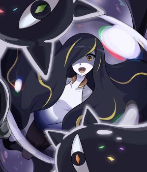1girl bare_shoulders black_hair blonde_hair breasts collarbone commentary dress floating fusion gen_7_pokemon hair_over_one_eye highres long_hair looking_at_viewer lusamine_(pokemon) lusamine_fused_(pokemon) monster_girl multicolored_hair nihilego nintendo open_mouth pantyhose pokemon pokemon_(creature) pokemon_sm poyo_party purple_pantyhose sleeveless sleeveless_dress small_breasts solo streaked_hair teeth tentacles ultra_beast upper_teeth_only very_long_hair white_dress yellow_eyes