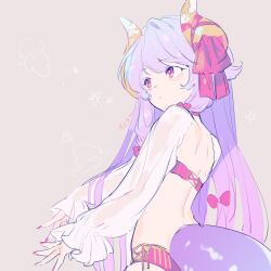 Rule 34 | 1girl, brown background, brown horns, closed mouth, commentary request, from behind, hair over shoulder, hands up, highres, horn ornament, horn ribbon, horns, kinutani yutaka, long hair, long sleeves, looking to the side, original, puffy long sleeves, puffy sleeves, purple eyes, purple nails, ribbon, see-through, see-through sleeves, solo, tail, upper body, very long hair