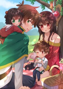 2boys 2girls :d :o aged_up alternate_hair_length alternate_hairstyle bare_shoulders belt black_belt black_cat black_hair blanket blue_sky blunt_bangs blush brown_hair cape cat child chomusuke collarbone commentary commission couple dappled_sunlight day dress eyes_visible_through_hair family family_bonding father_and_daughter father_and_son food food_on_face frown full_body green_cape green_eyes hair_between_eyes happy headpat hetero highres hug hug_from_behind if_they_mated kono_subarashii_sekai_ni_shukufuku_wo! long_hair long_sleeves mage_staff megumin mother_and_daughter mother_and_son mountainous_horizon multiple_boys multiple_girls off-shoulder_dress off_shoulder one_eye_closed open_mouth outdoors picnic picnic_blanket red_dress red_eyes sailor_collar sailor_dress satou_kazuma short_dress short_hair sidelocks sitting sitting_on_lap sitting_on_person skeb_commission sky smile spiked_hair staff straight_hair sunlight tree two_side_up v-shaped_eyebrows very_long_hair white_sailor_collar yawning yuno_(suke_yuno)