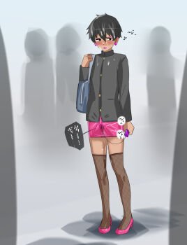 Rule 34 | 1boy, bag, black eyes, black hair, blush, bulge, controller, crossdressing, cum, cum in clothes, cum through clothes, dark-skinned male, dark skin, earrings, embarrassed, erection, erection under clothes, fishnet thighhighs, fishnets, full body, gakuran, gyaruo, hair between eyes, heart, heart earrings, high heels, jacket, jewelry, lipstick, long sleeves, looking to the side, makeup, male focus, pink lips, pink shoes, pink skirt, public indecency, purple lips, raitaroo, remote control, remote control vibrator, school uniform, sex toy, shoes, skirt, solo, solo focus, sound effects, standing, thighhighs, trap, vibrator