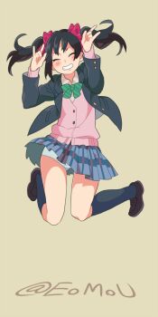 1girl \m/ black_hair black_jacket blazer blue_panties blue_sky bow bowtie closed_eyes commentary double_\m/ emu_(eomou) green_bow green_bowtie grin hair_bow jacket jumping kneehighs love_live! love_live!_school_idol_project otonokizaka_school_uniform panties pantyshot pink_sweater_vest pleated_skirt red_bow school_uniform shirt shoes skirt sky smile socks solo sweater_vest twintails twitter_username underwear white_shirt yazawa_nico