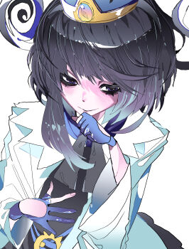 1girl absurdres black_dress black_hair blue_gloves blunt_bangs blush bob_cut closed_mouth coat cttn1117 dress gloves gradient_hair gwynn_(pokemon) hat highres long_sleeves looking_at_viewer mega_stone multicolored_hair nintendo open_clothes open_coat partially_fingerless_gloves pokemon pokemon_legends:_z-a purple_eyes purple_hair short_hair simple_background solo upper_body white_background white_coat