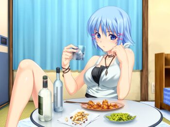 1girl bed black_tube_top blue_eyes blue_hair blush bottle bracelet breasts carpet chopsticks cup curtains electrical_outlet game_cg hair_ornament halterneck himuro_rikka holding holding_cup jewelry koutaro medium_breasts necklace peanut peas pink_nails short_hair sitting strapless table tropical_kiss tube_top undershirt x_hair_ornament zipper