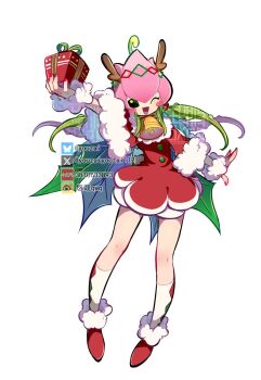 Rule 34 | antlers, bell, blush stickers, box, digimon, digimon (creature), dress, full body, gift, gift box, green eyes, green hair, highres, horns, lilimon, nail polish, neck bell, one eye closed, red dress, santa costume, santa dress, simple background, watermark, white background, youzaiyouzai112