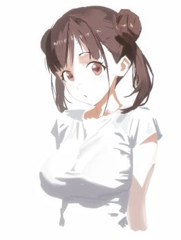 1girl breasts brown_eyes brown_hair closed_mouth cobwvmeti cropped_torso double_bun hair_bun hashtag-only_commentary highres idolmaster idolmaster_shiny_colors large_breasts looking_at_viewer shirt short_sleeves simple_background solo sonoda_chiyoko t-shirt twintails white_background white_shirt
