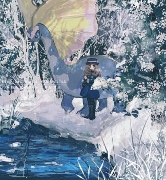 1girl aurora aurorus bag black_bag black_boots black_pantyhose blonde_hair blue_coat blue_eyes blue_gemstone blue_hat boots bow bright_pupils claws coat coat_dress commentary_request dinosaur dress full_body gem gen_6_pokemon grass grey_eyes hat hat_bow highres horimhkw11 long_hair looking_at_viewer nintendo outdoors pantyhose pine_tree pokemon pokemon_(creature) pokemon_xy sauropod serena_(pokemon) shoulder_bag snow standing tree water white_bow white_pupils