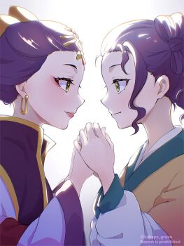 2girls bow chinese_clothes closed_mouth dress earrings eye_contact eyelashes eyeliner eyeshadow face-to-face from_side green_eyes hair_bow hair_ornament hair_pulled_back hair_rings hanfu headpiece highres holding_hands jewelry kakapo_green kusuriya_no_hitorigoto lipstick long_sleeves looking_at_another loulan_(kusuriya_no_hitorigoto) makeup multiple_girls profile purple_dress purple_hair shisui_(kusuriya_no_hitorigoto) side_ponytail smile updo upper_body white_background wide_sleeves yellow_bow yellow_eyes