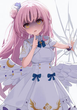 1girl absurdres blue_archive blush breasts crazy crazy_eyes dress empty_eyes false_smile feathered_wings finger_to_mouth flower hair_bun hair_flower hair_ornament highres jealous large_breasts looking_at_viewer mika_(blue_archive) pink_hair scrunchie simple_background single_hair_bun smile solo wendao white_background white_dress wings wrist_scrunchie yandere yellow_eyes