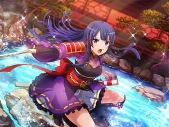 Rule 34 | 1girl, armor, black gloves, floating hair, game cg, gloves, holding, holding sword, holding weapon, japanese clothes, katana, kimono, long hair, long sleeves, looking at viewer, obi, official art, open mouth, pleated skirt, pond, purple eyes, purple hair, purple kimono, rock, sash, sheath, shoujo kageki revue starlight, shoujo kageki revue starlight -re live-, shoulder armor, skirt, skirt under kimono, solo, squatting, sword, tomoe tamao, tree, v-shaped eyebrows, water, weapon, white skirt, wide sleeves