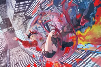 1girl absurdres black_hat black_shorts bu_bai_(wres2744) building crop_top fake_horns falling green_eyes hat highres honkai:_star_rail honkai_(series) horned_hat horns jacket long_hair long_sleeves open_mouth pink_hair ponytail rappa_(honkai:_star_rail) red_jacket shirt shorts shuriken solo tagme teeth upper_teeth_only weapon white_shirt