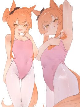 1girl :d alternate_hairstyle animal_ears arm_up armpits athletic_leotard ballerina ballet bare_shoulders blush bow breasts covered_navel cowboy_shot double_bun ear_bow ear_ornament ear_ribbon flat_chest from_below gluteal_fold grin hair_bun hand_up highleg highleg_leotard highres holding holding_own_hair horse_ears horse_girl horse_tail leotard loli long_hair looking_at_viewer mayano_top_gun_(umamusume) multiple_views open_mouth orange_eyes orange_hair orange_tail pantyhose pink_leotard presenting_armpit simple_background small_breasts smile standing steaming_body sweat tail thigh_gap umamusume white_background white_pantyhose xaea_xp