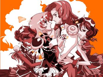 1990s_(style) 4girls allus arisugawa_juri bindi crown curly_hair dress epaulettes grabbing_another's_chin hair_up hand_on_another's_chin himemiya_anthy jewelry long_hair monochrome multiple_girls orange_background retro_artstyle ring shoujo_kakumei_utena takatsuki_shiori tenjou_utena wrist_cuffs