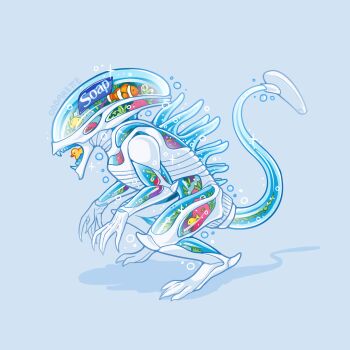 alien alien_(series) alternate_form artist_name carapace claws clean clownfish fish frutiger_aero full_body hand_soap jaw liquid_insides living_fish_tank monster monster_focus no_humans oddarette open_mouth redesign rubber_duck see-through_body see-through_tail sharp_teeth simple_background soap_bottle soap_bubbles softsoap spines tail teeth tropical_fish variations xenomorph