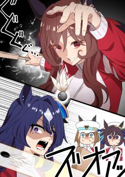 4girls absurdres animal_ears blue_hair brown_hair cheval_grand_(umamusume) commentary_request ear_covers gentildonna_(umamusume) hair_between_eyes hair_ornament hat highres horse_ears horse_girl kento_(kentdrawing) long_hair multicolored_hair multiple_girls open_mouth peaked_cap purple_eyes red_eyes smile sweatdrop twintails umamusume verxina_(umamusume) vivlos_(umamusume) white_hair white_hat