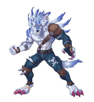 1boy abs alfonsaurus armlet barefoot blue_fur brass_knuckles claws commentary digimon digimon_(creature) elbow_gloves english_commentary fingerless_gloves full_body furry furry_male gloves gold_piercing highres jewelry knee_pads knee_spikes male_focus muscular muscular_male navel pants scar scar_across_eye scar_on_face scar_on_stomach sharp_teeth single_glove single_shoulder_pad skull_print solo spiked_armlet stitched_torso stitches tail teeth torn_clothes torn_pants weapon weregarurumon werewolf yellow_eyes