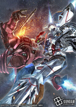 Rule 34 | artist request, battle, cable, company name, copyright logo, copyright name, copyright notice, duel, english text, gquuuuuux, green eyes, gundam, gundam card game, gundam gquuuuuux, logo, mecha, mecha focus, mobile suit, no humans, official art, promotional art, realistic, robot, science fiction, space, sunrise (company), thrusters, title, v-fin, zaku ii, zero gravity
